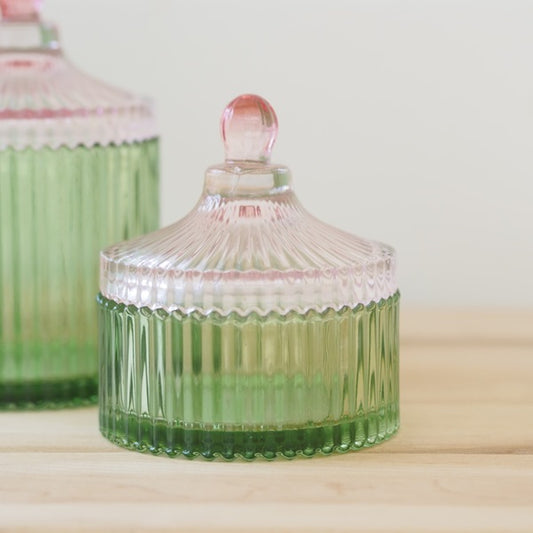 Bonbonnière en verre striée vert et rose